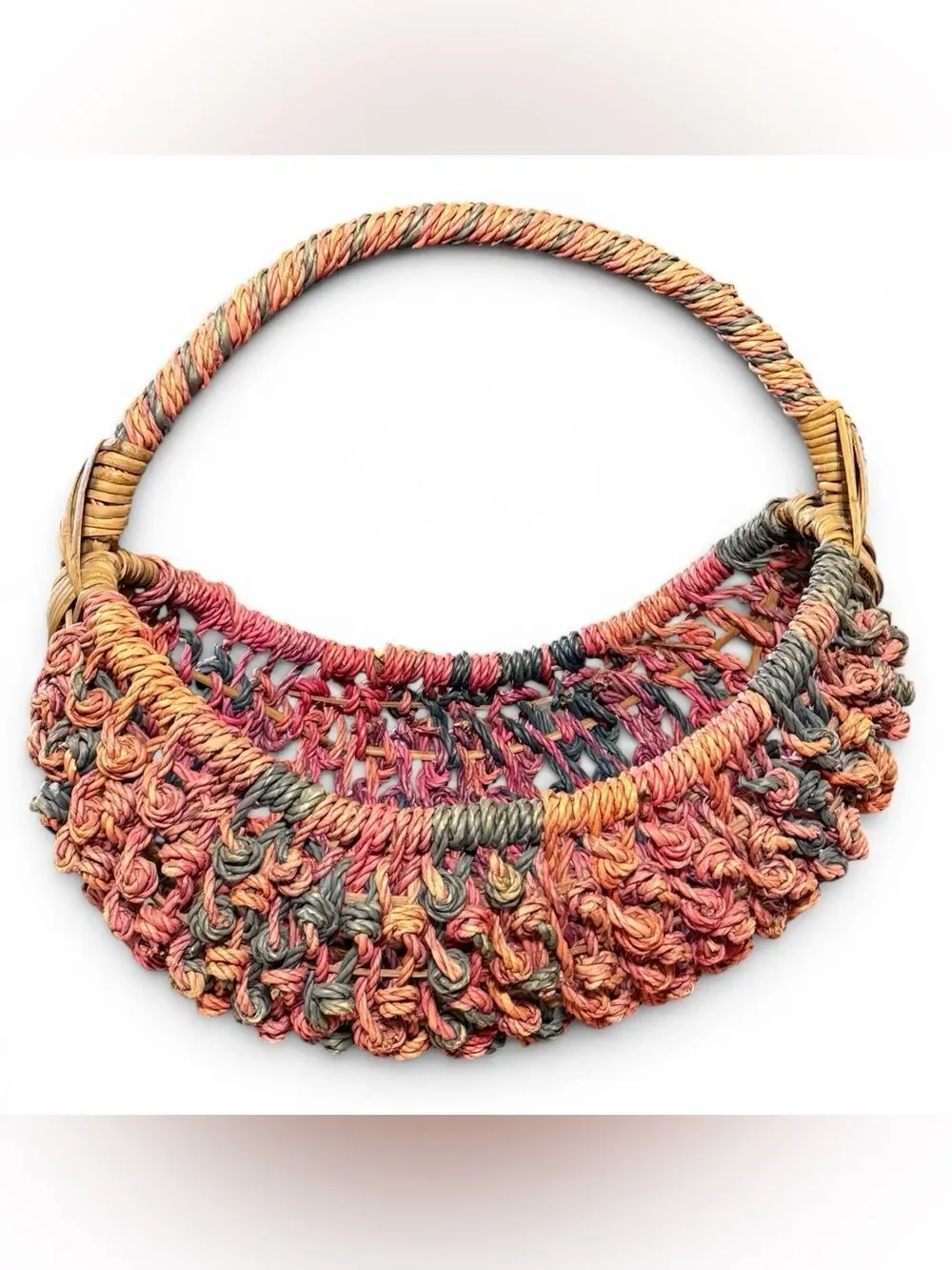 Large Colorful Woven Boho Boat Basket Pink Purple Teal and Tan 22” x 18” x 14”